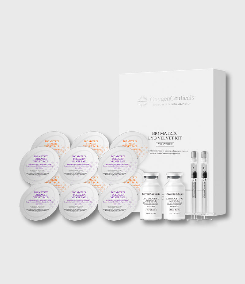 Bio Matrix LYO Velvet Kit full kit contents laid out, box, velvet ball blisters, two LYO Boosting Ampoule bottles and two applicators / Bio Matrix LYO Velvet Kit 套裝全部內容，包裝盒、velvet ball 獨立封裝、兩支 LYO Boosting Ampoule 同兩支 applicator