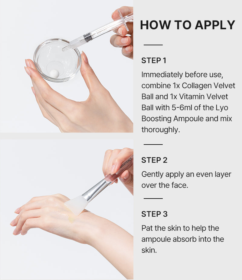 How to apply, three step visual guide to mixing both velvet balls into the LYO Boosting Ampoule and applying / 使用方法三步圖解：兩粒 velvet ball 溶入 LYO Boosting Ampoule 再搽上面