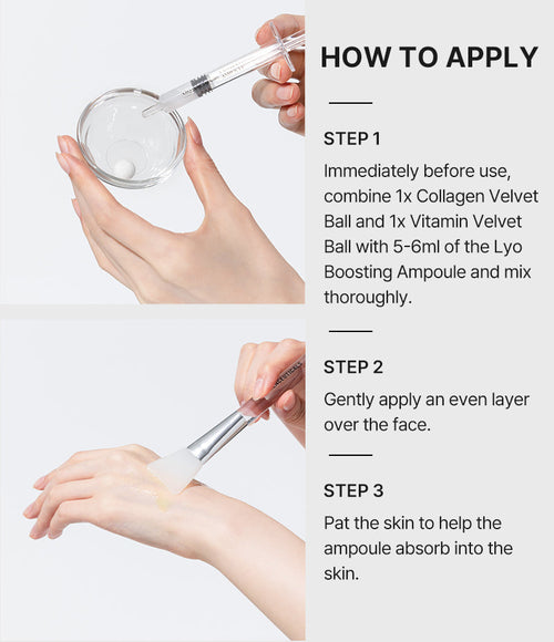How to apply, three step visual guide to mixing both velvet balls into the LYO Boosting Ampoule and applying / 使用方法三步圖解：兩粒 velvet ball 溶入 LYO Boosting Ampoule 再搽上面