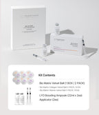 Full retail packaging, outer box, inner Bio Matrix Velvet Ball box, two ampoule bottles, two applicators and the kit contents list