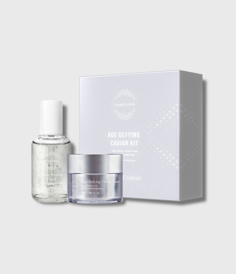 Age Defying Caviar Kit fluid and cream set front view / Age Defying Caviar Kit 魚子抗皺套裝正面