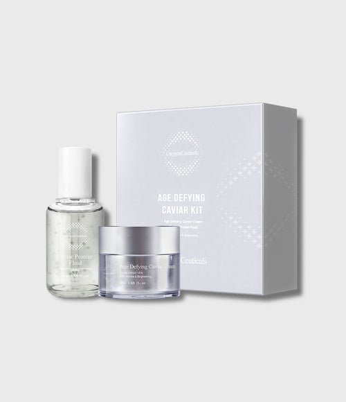 Age Defying Caviar Kit fluid and cream set front view / Age Defying Caviar Kit 魚子抗皺套裝正面