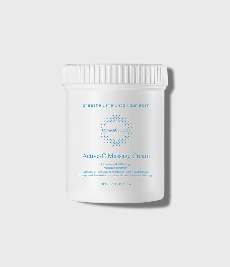 Active-C Massage Cream 1000ml white jar, front view; label reads Circulation & Balancing Massage Treatment