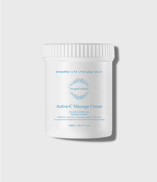 Active-C Massage Cream 1000ml 白色罐正面，標籤印 Circulation & Balancing Massage Treatment