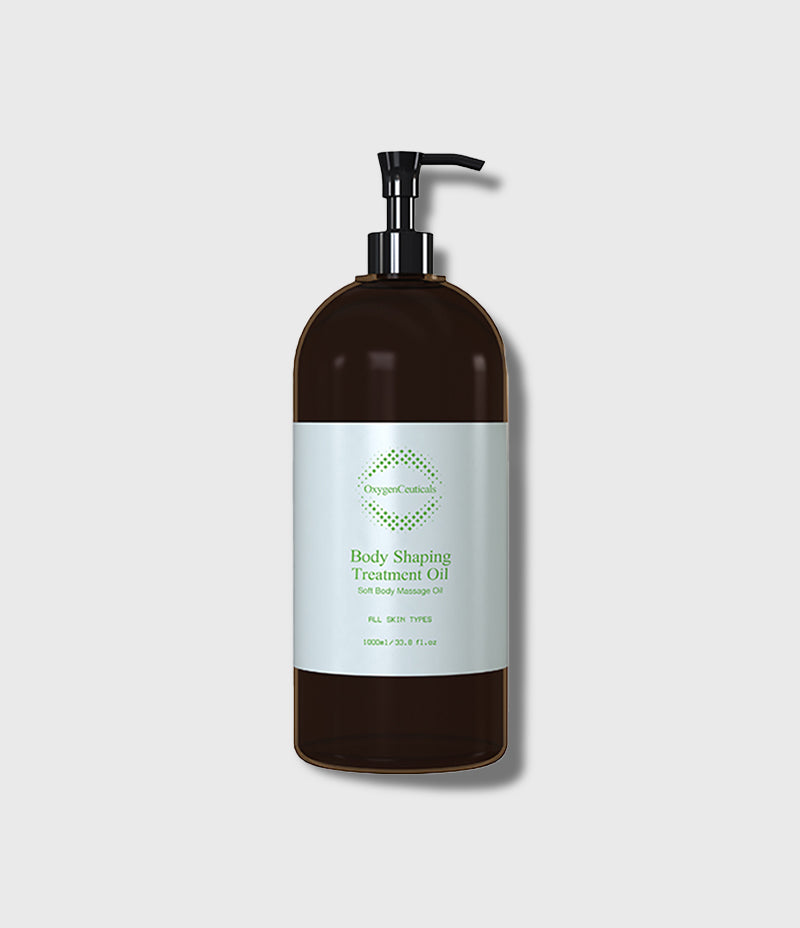 Body Shaping Treatment Oil 1000ml 深棕色泵头瓶正面，标签印 Soft Body Massage Oil
