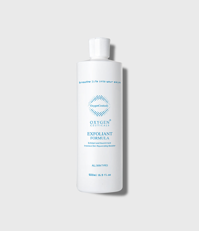 Exfoliant Formula white bottle, front view; label reads Exfoliant and Nourishment Intensive Skin Rejuvenating Booster, All Skin Types, 500ml 16.9 fl.oz