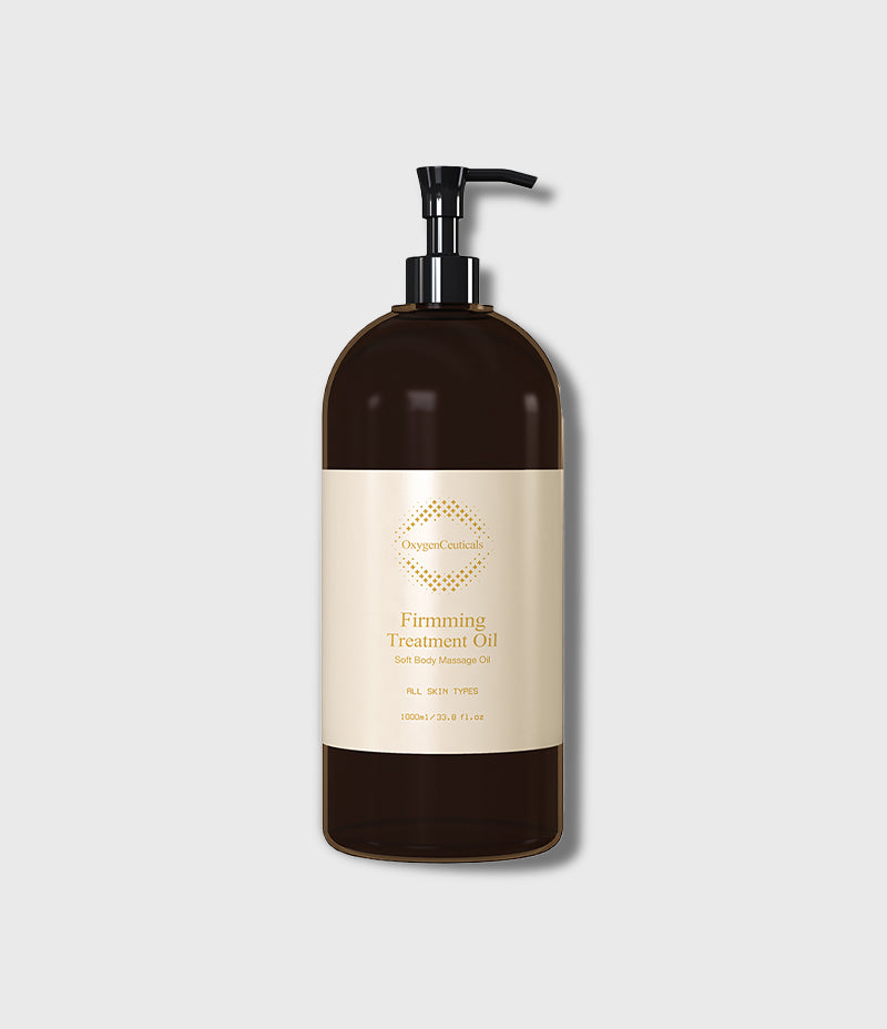 Firming Treatment Oil 1000ml 深棕色泵头瓶正面，标签印 Soft Body Massage Oil