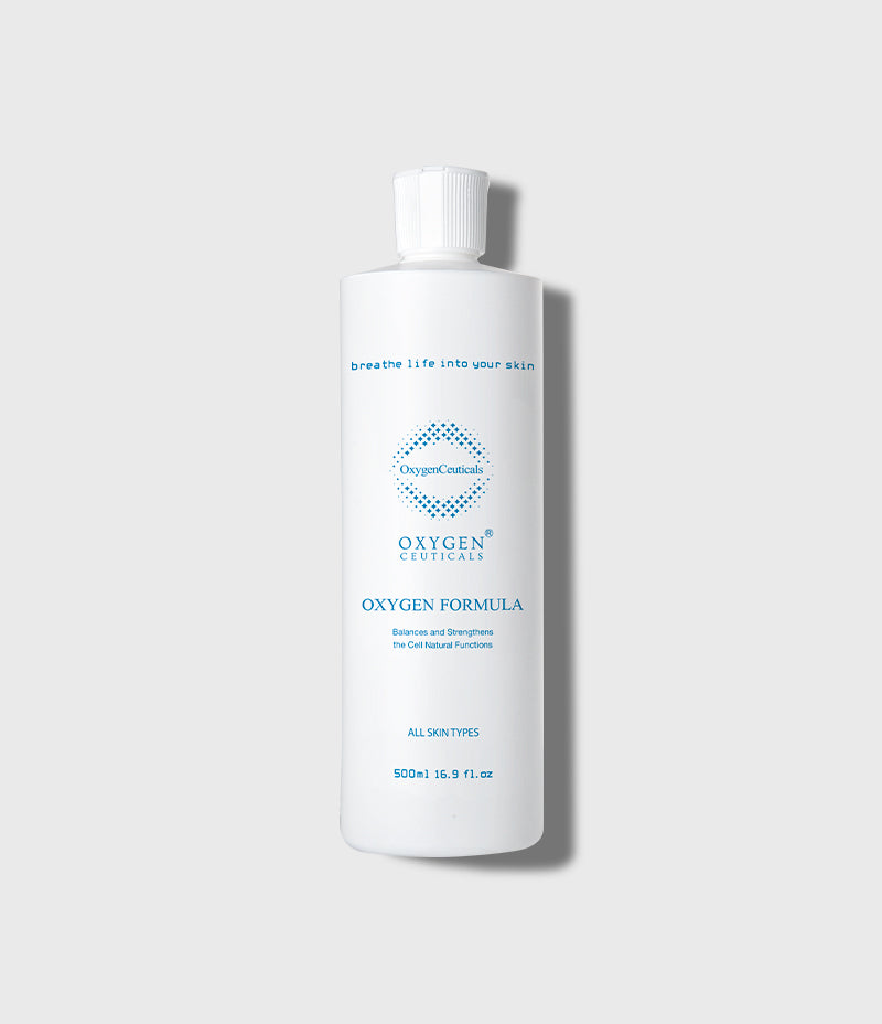 Oxygen Formula white bottle, front view; label reads Balances and Strengthens the Cell Natural Functions, All Skin Types, 500ml 16.9 fl.oz