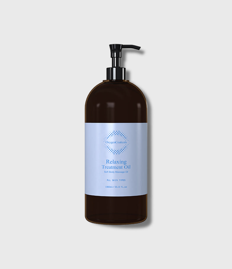 Relaxing Treatment Oil 1000ml 深棕色泵头瓶正面，标签印 Soft Body Massage Oil