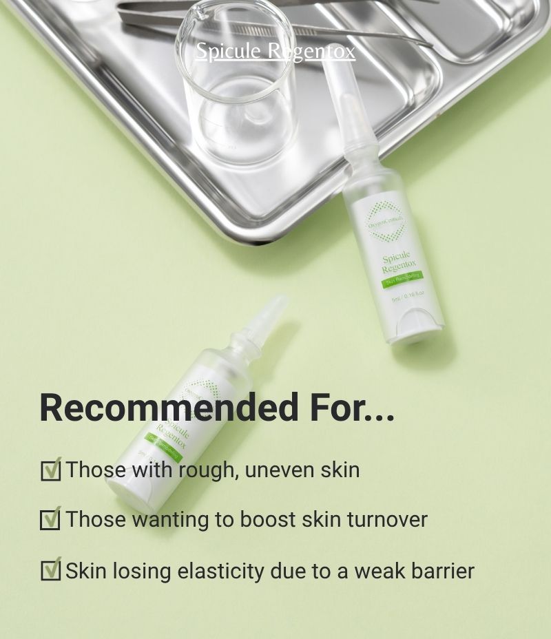 Spicule Regentox ampoules on a steel tray with a recommended for checklist