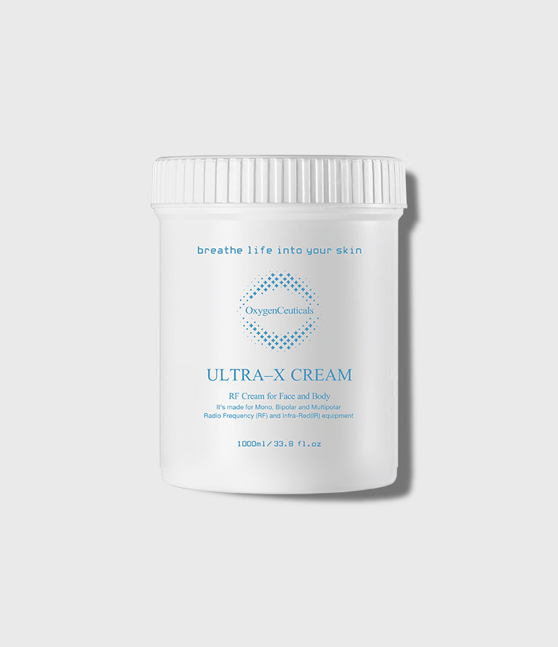 Ultra-X Cream 白色罐装正面，标签写有 RF Cream for Face and Body 及 1000ml/33.8 fl.oz