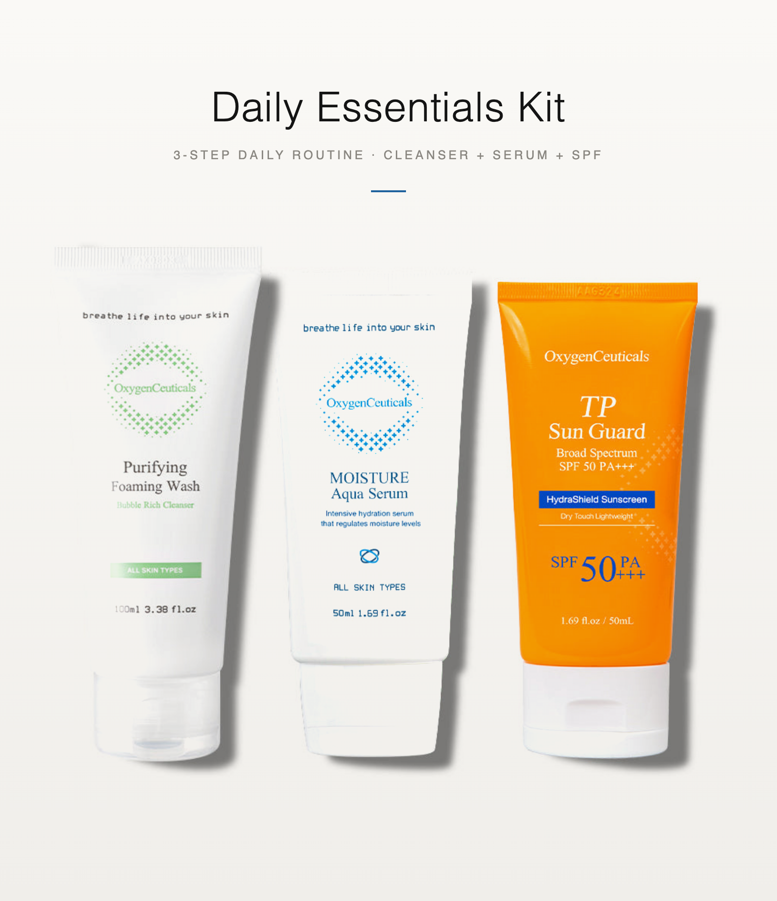 Daily Essentials Kit 日常必備套裝: 潔面 + 保濕精華 + 防曬 | cleanser + serum + SPF