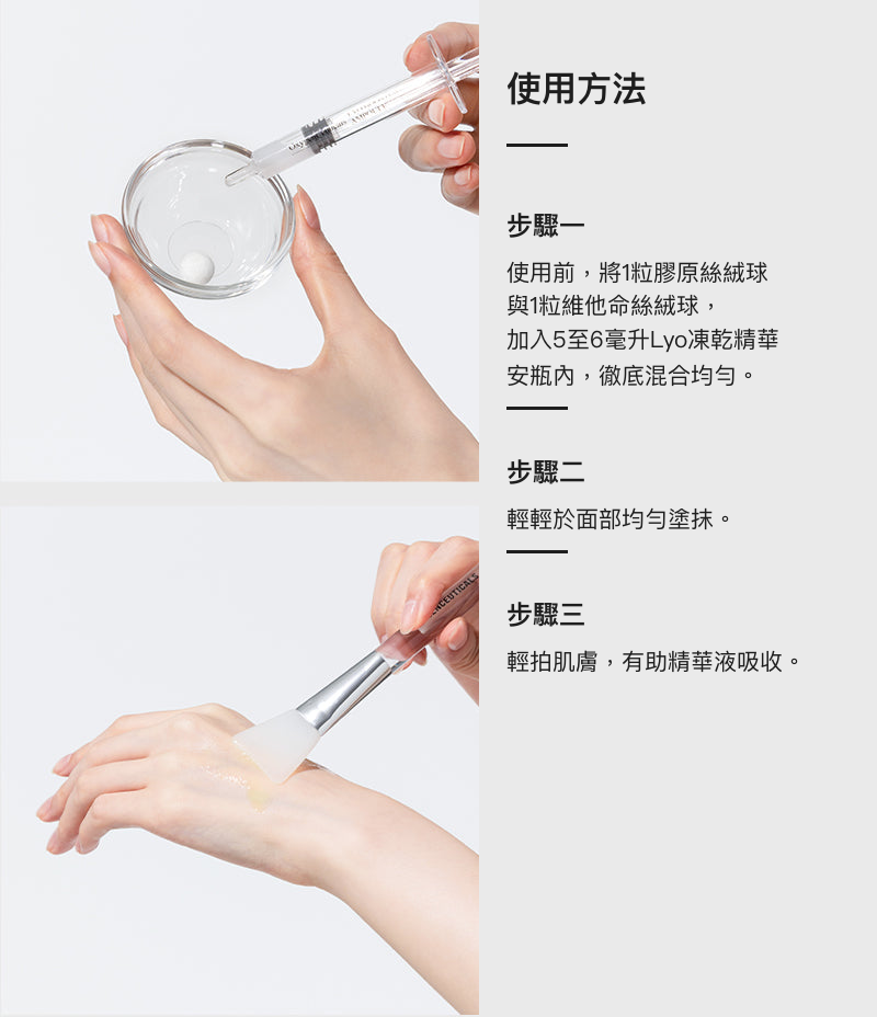 使用方法三步圖解：兩粒絨球 溶入 LYO Boosting Ampoule ，再塗滿面部